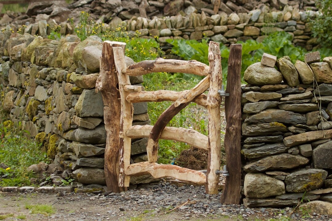 Wooden garden gate leading into a Lithuanian countryside vegetable and flower garden